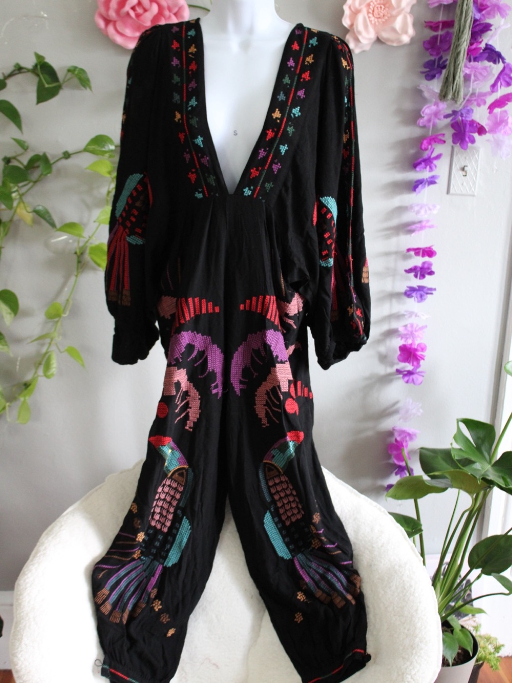 Farm Rio Black Embroidered Toucan Balloon Sleeve Jumpsuit Estimated Medium M
